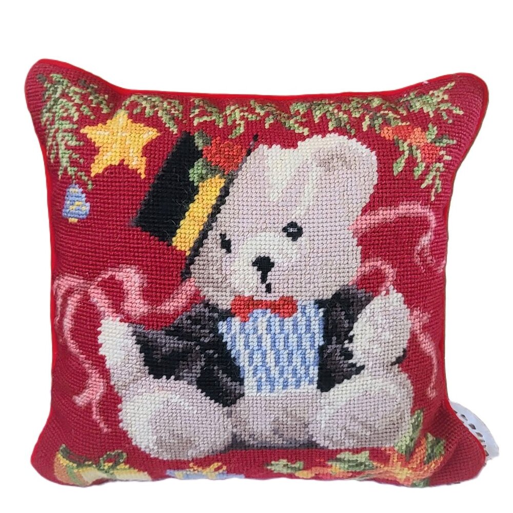 Finished Needlepoint Christmas  pillow teddy bear with top hat